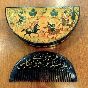 🐴 Vintage Middle Eastern Hand Painted Wooden Comb and Box